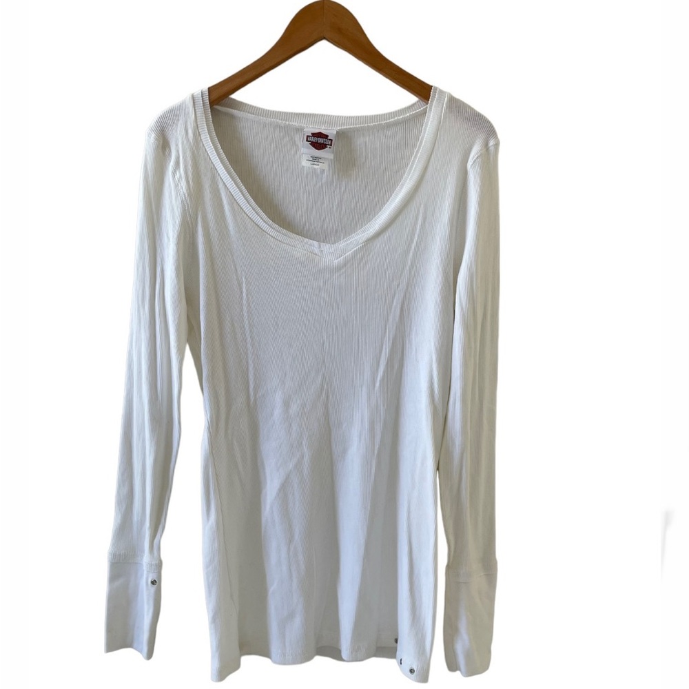 💛💛 4/$25 Harley Davidson Solid White V Neck Ribbed Long Sleeve Tee/ LG